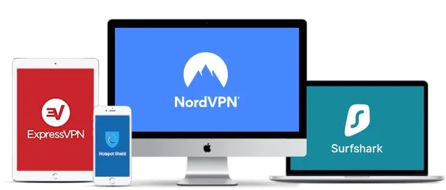 ExpressVPN, NordVPN és Surfshark VPN szolgáltatások bemutatása különböző eszközökön.