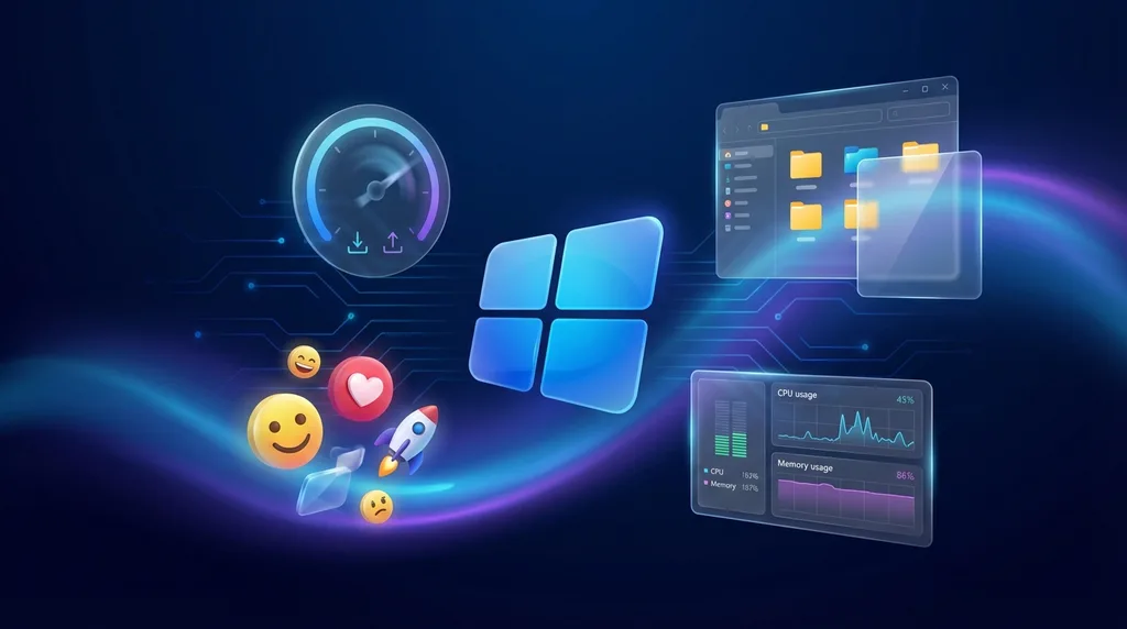 Windows és szoftverlicencek illusztrációja, rendszermonitor, emoji és gyorsaság szimbólumokkal.