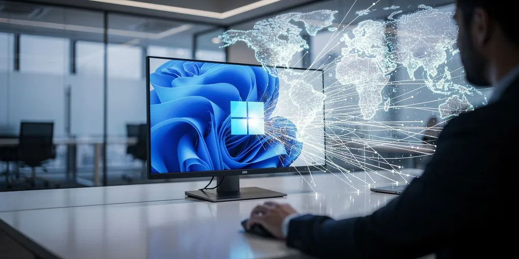 Windows 11 termékkép: modern irodai asztal, monitor a Windows logóval, globális hálózati vizualizáció.