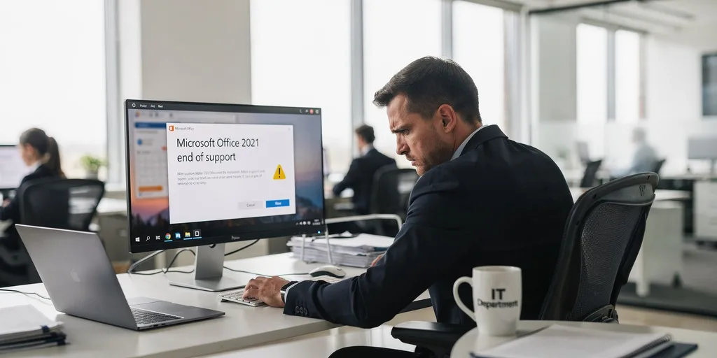 Irodai dolgozó monitorán az Office 2021 támogatásának végéről szóló figyelmeztetés jelenik meg.