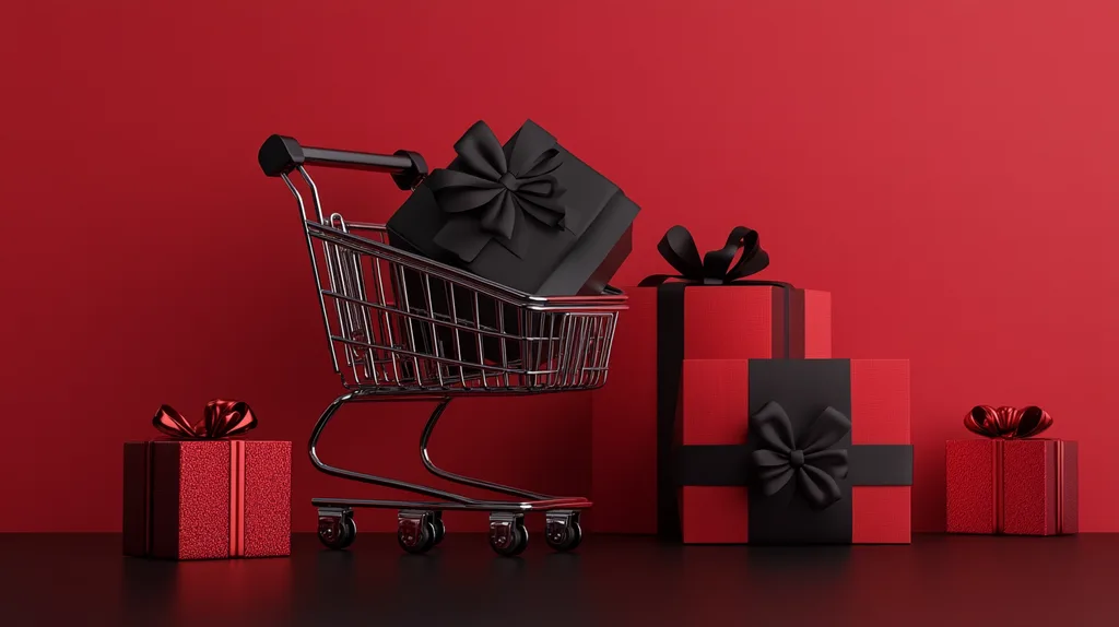 Bevásárlókocsi ajándékdobozokkal és Black Friday promóciós ajánlatokkal piros háttéren.