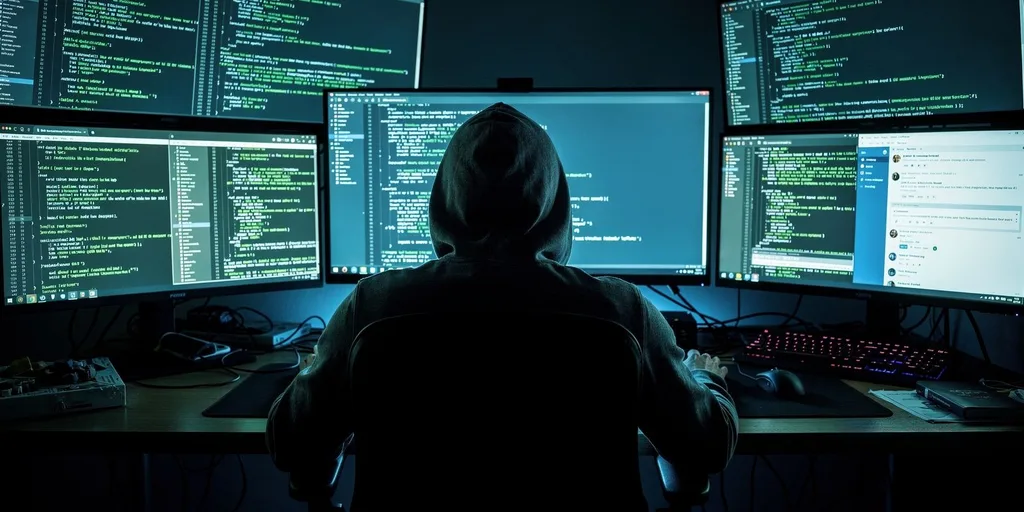 Hacker kapucnis sweatshirtben ül a többmonitoros számítógép előtt, zöld kódsorokkal megjelenítve a cybertámadást.