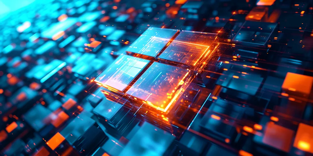 Windows Server 2025 technológiai ábra, központi processzor-kezelőegység kék és narancs neon világítással