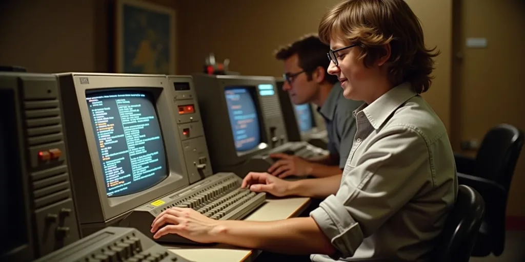 Vintage számítógépek mellett dolgozó fejlesztők az 1980-as évekből, a Microsoft történetét szemléltetve.