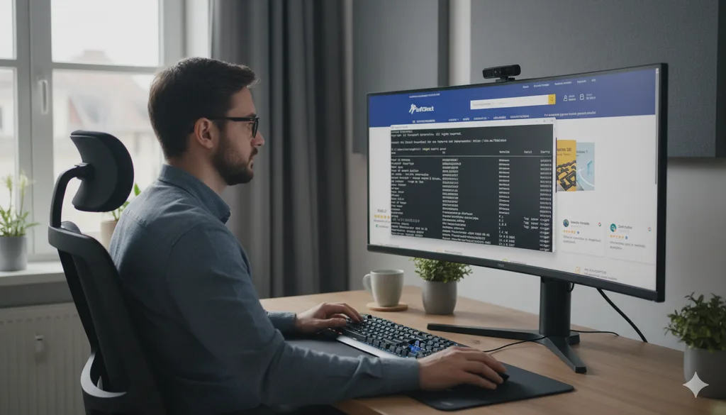 Fejlesztő a monitoron a WinGet szoftvertelepítést tanulmányozza az irodai asztalánál