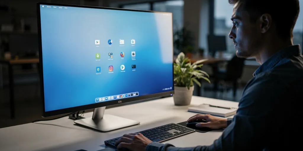 Férfi dolgozik az asztalánál egy monitornál, Windows asztali alkalmazások ikonjaival megjelenítve.