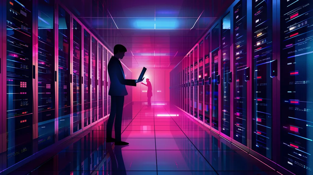 Windows Server 2025 szerver infrastruktúra - üzletember laptoppal a futurisztikus adatközpontban