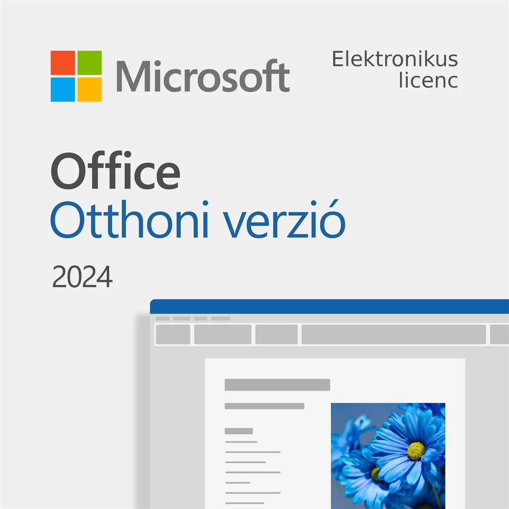 Microsoft Office 2024 Otthoni verzió elektronikus licenc borítója a Microsoft logóval és egy Office dokumentumot ábrázoló gra