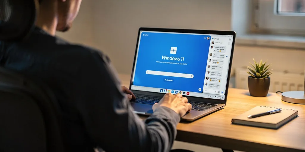 Laptop képernyőjén a Windows 11 telepítés ablaka, mellette a Copilot chatablak nyitott beszélgetéshez.