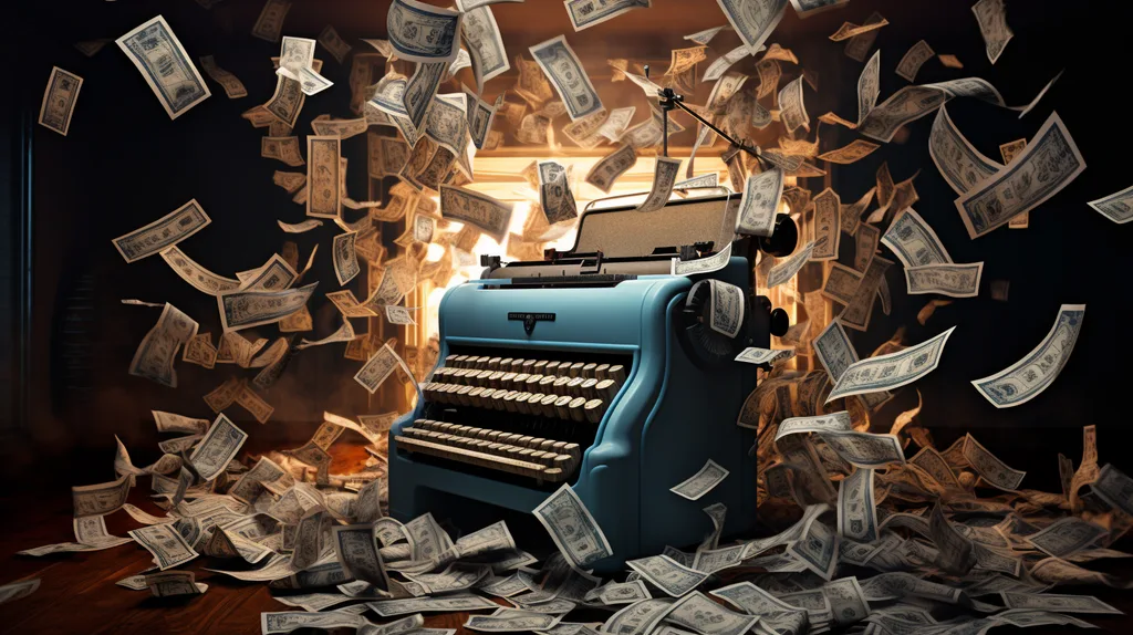 Retro írógép pénzesővel, 40 éves Microsoft Word logóval az agyban – szövegszerkesztési siker szimbóluma.
