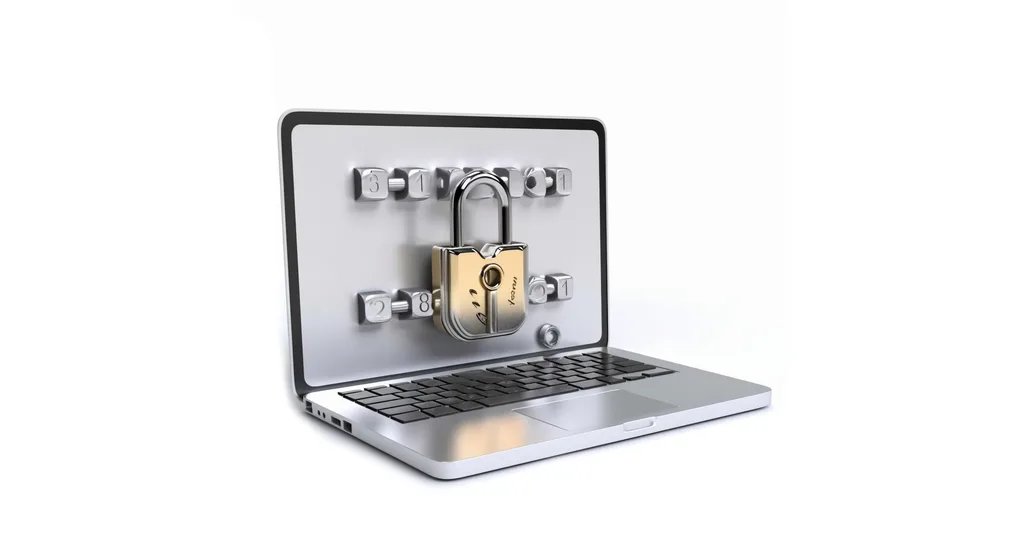 Laptop nyitott képernyőjén biztonsági lakat és számkombináció szimbóluma a jelszóbiztonságot ábrázolja.