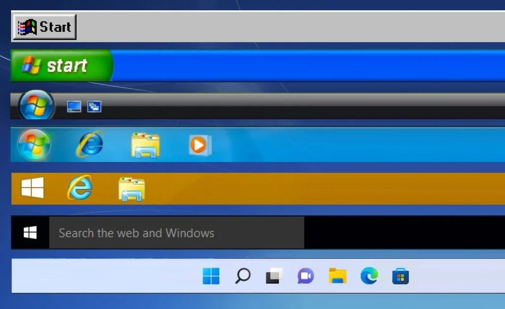 Windows Start menü fejlődése: a Windows 95 klasszikus zöld Start gombja a Windows 11 modern keresősávjáig.