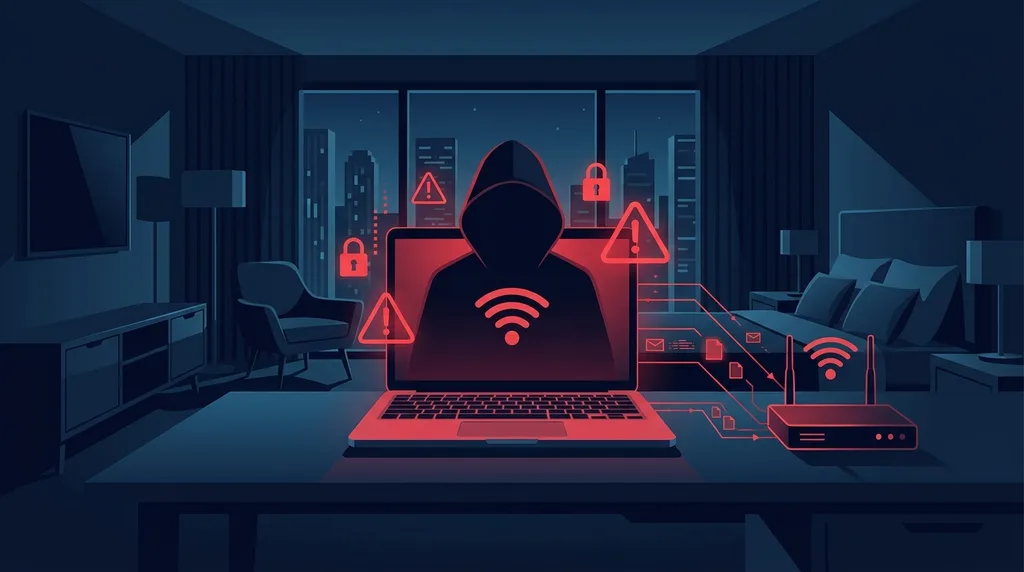 Horogra akadt számítógép: hacker sziluettje neon biztonsági ikonokkal egy modern szobában.
