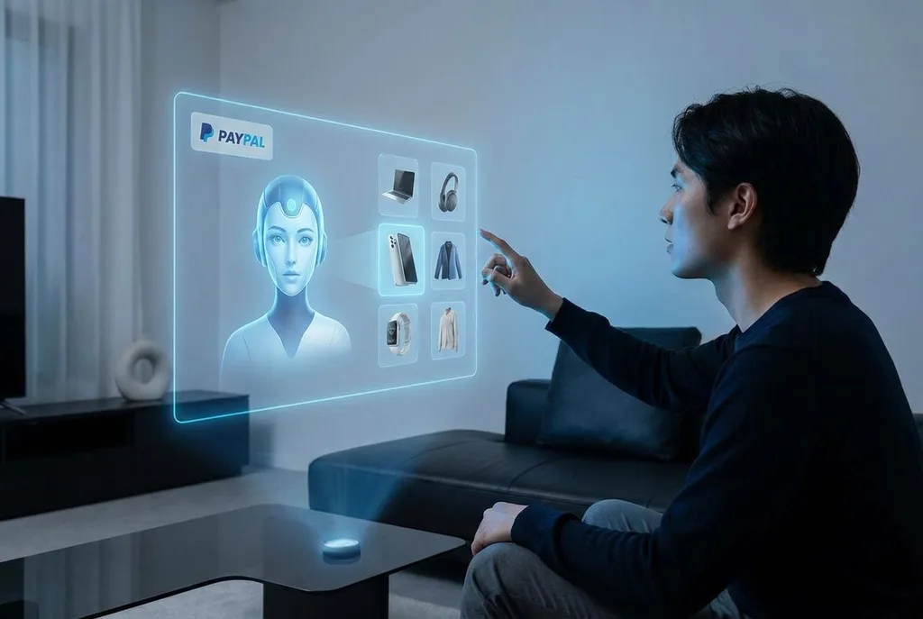 AI asszisztens PayPal integrációval, interaktív vásárlási felületen termékeket mutat