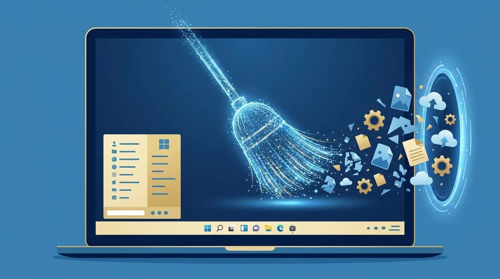 Windows számítógép tisztítása és optimalizálása digitális brosúrával és felhő szinkronizációs ikonokkal.