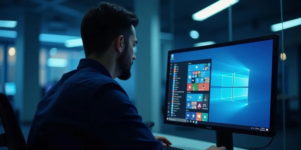 Férfi a Windows 11 menüjét nézi a monitort a modern irodában