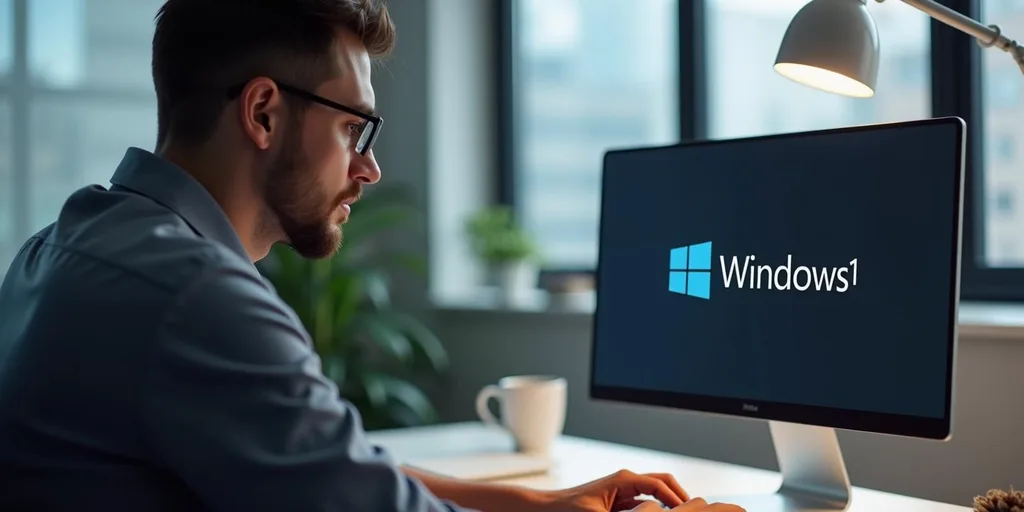 Férfi a számítógépénél, Windows 11 indítóképernyő jelenik meg a monitoron, modern irodai környezetben.