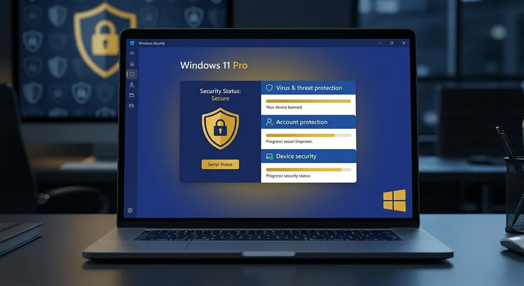 Windows 11 Pro biztonsági központ az antivírus, fiókvédelem és eszközbiztonság állapotát mutatja.