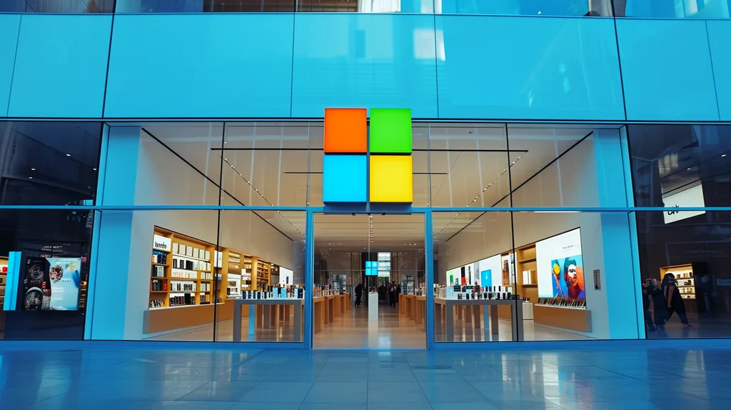 Windows 11 új biztonsági és teljesítményfunkciók bemutatása modern üzletablakban.