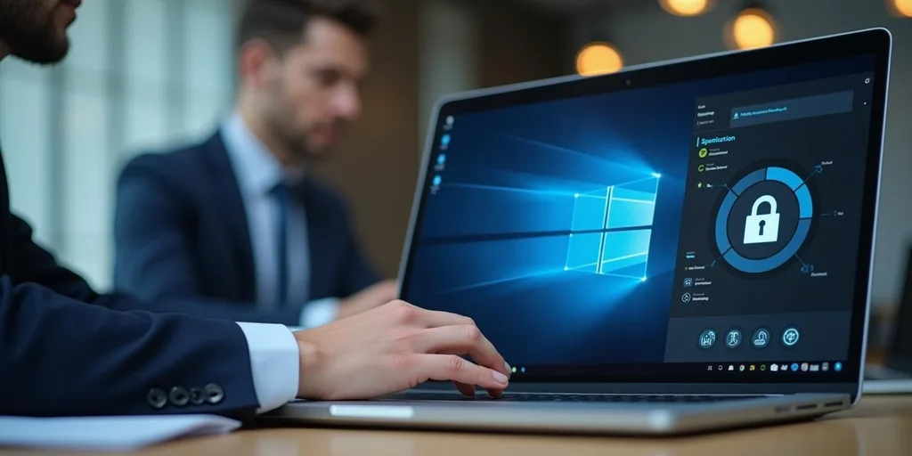 Windows Security felület zárolás ikonnal a Windows 11 rendszeren futó laptopnál egy üzletember mellett.