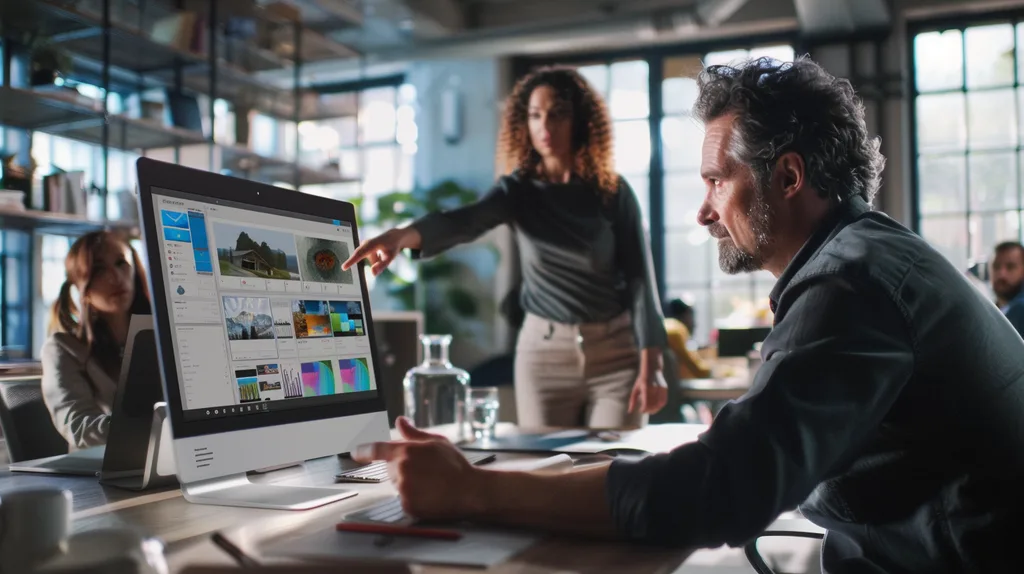 Office 2024 használata közös munkavégzésre egy modern irodában, csapattagok közösen megtekintik a projektet.