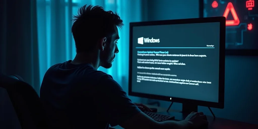 Férfi biztonsági figyelmeztetést olvas a Windows rendszer veszélyes hibáiról a monitoron.
