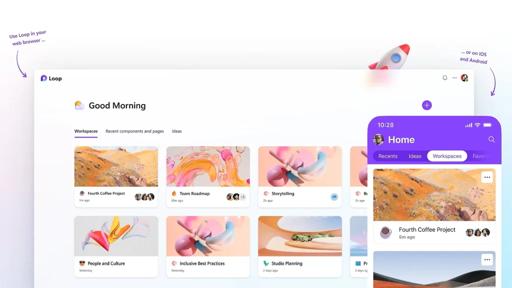 Microsoft Loop alkalmazás felülete: munkahelyek, projektek és közös szerkesztési lehetőségek böngészőben és mobilon.