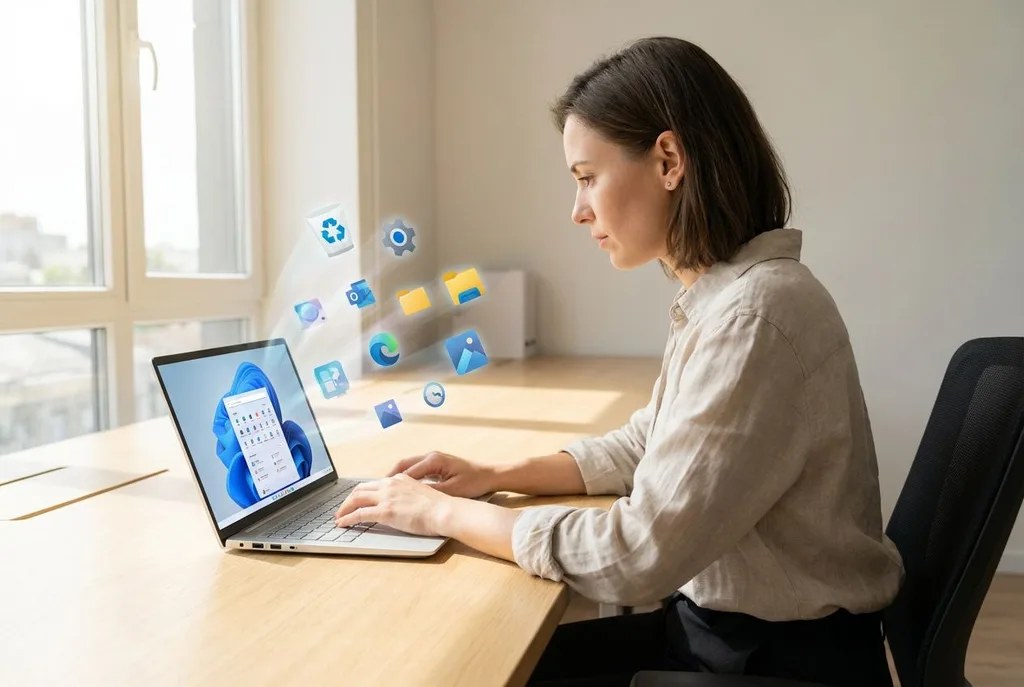 Nő laptop mellett Windows 11 alkalmazásikonokkal, amelyek a rendszer felgyorsítási lehetőségeit szimbolizálják.
