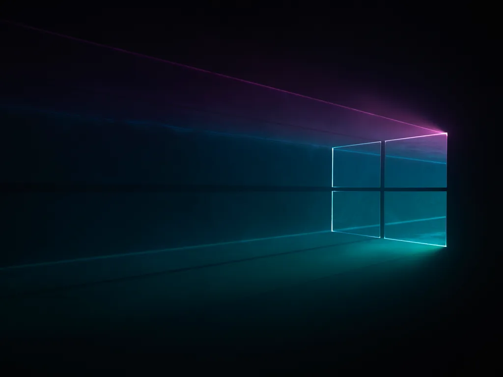 Windows 10 háttérkép: modern geometrikus ajtó türkiz és lila neonvilágítással megvilágított szobában