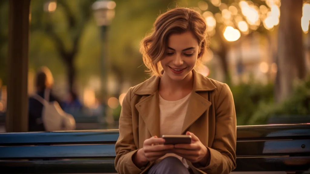 Nő parkban padozik mobiltelefonnal, Outlook alkalmazást használ produktivitáshoz