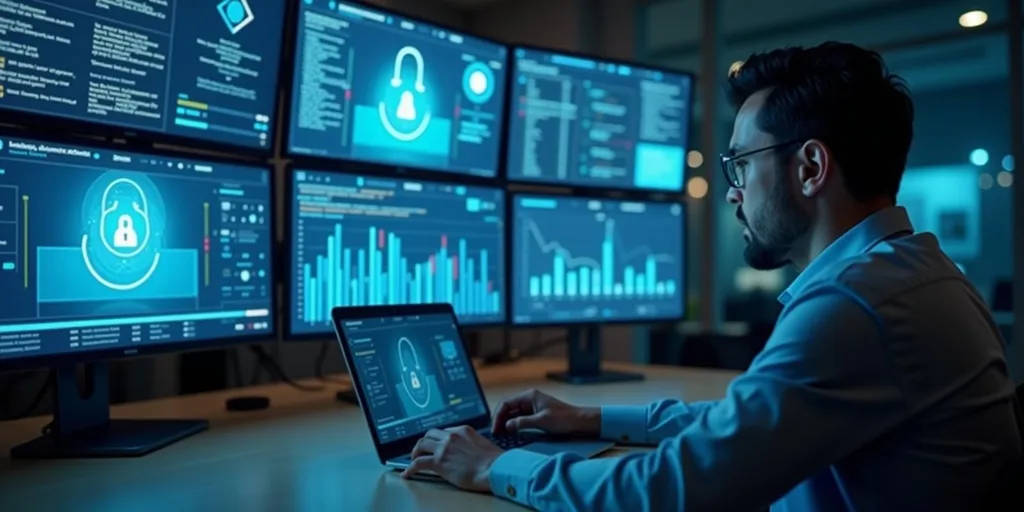 Biztonsági szakember figyeli az AI-védelmi rendszert a monitor-falon