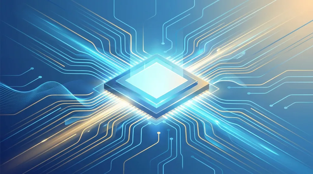 Világító processzor chip körül folyó digitális áramkörök és fénysugarak kék-arany színekben.