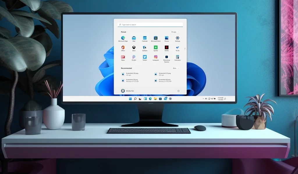 Windows 11 Start menü biometrikus bejelentkezési lehetőségekkel egy modern asztalon.