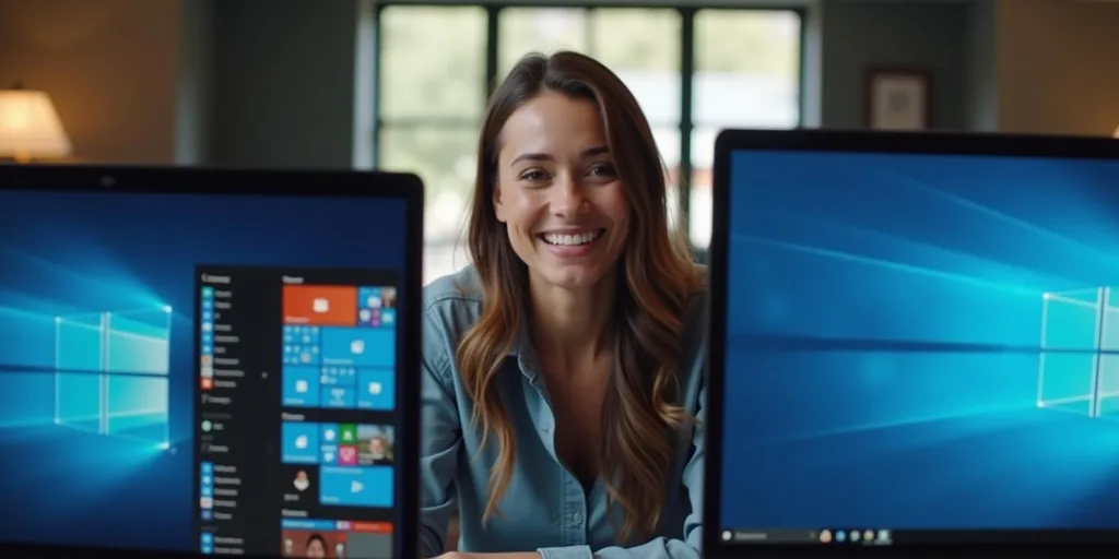 Nő mosolyog a kamera felé, háttérben Windows 11 felülettel három monitoron