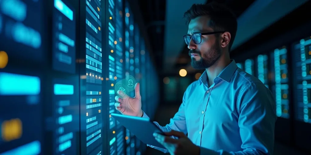 IT-szakember adatközpontban SQL Server biztonsági frissítéseket végez.
