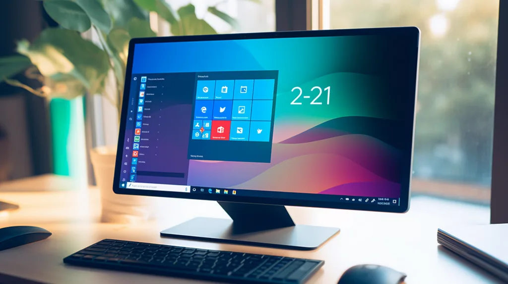 Windows 12 felhasználói felület a Start menüvel és modern Design elemekkel az asztalon.