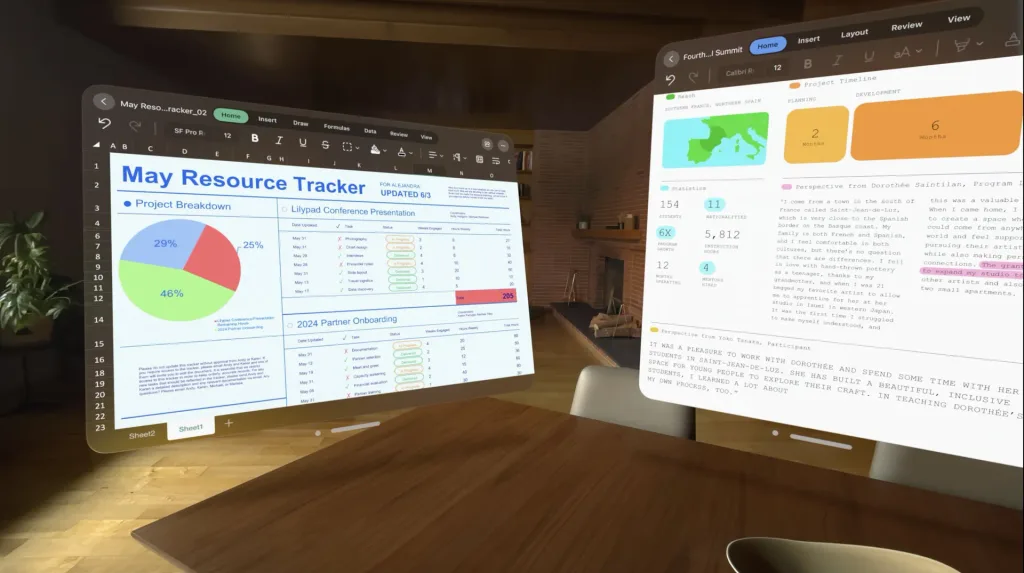 Microsoft Office az Apple Vision Pro-n: táblázatok és dokumentumok virtuális térben.