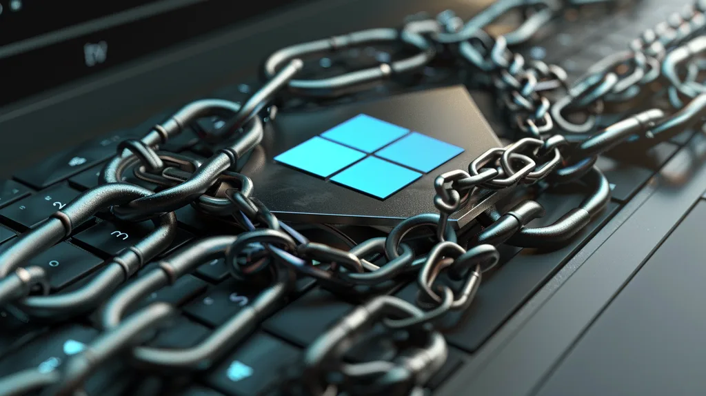Windows szoftverlicenc biztonsági lánccal és kék Windows logóval szimbolizálva a BitLocker titkosítási védelmet