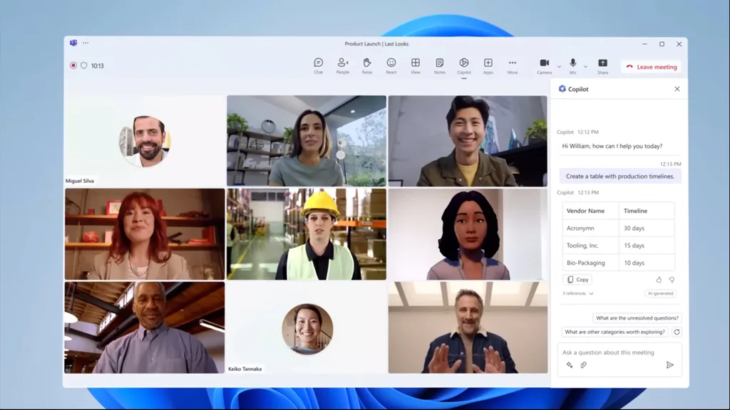 Microsoft Teams videokonferencia-képernyő több résztvevővel és Copilot asszisztenssel.