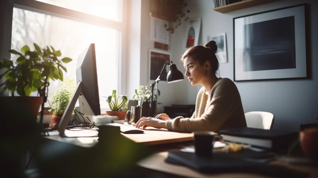 Nő dolgozik számítógépen modern home office környezetben, zöld növényekkel körülvéve.