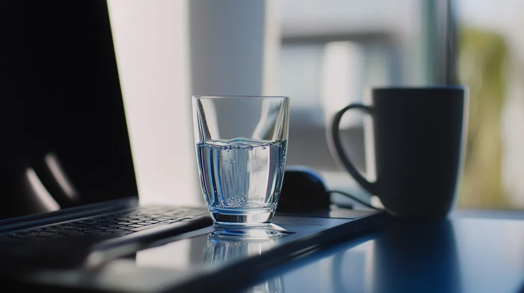 Munkaasztal pohár vízzel, laptop és kávéscsésze, irodai környezet képe.