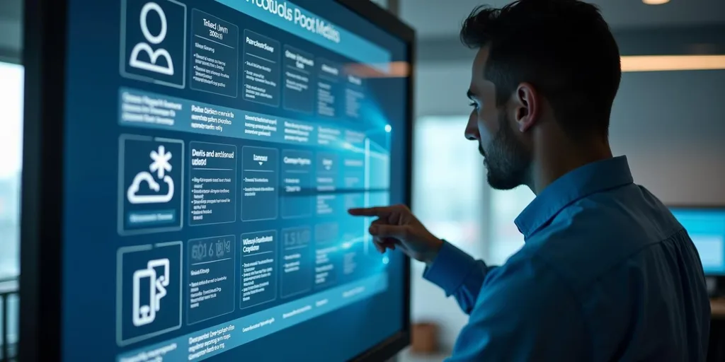 Fejlesztő a Windows 11 fejlesztési ütemtervét ábrázoló interaktív kijelzőt tanulmányozza.