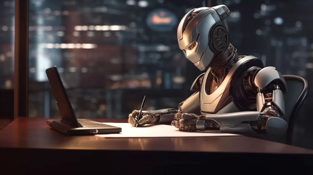 Humanoid robot laptopnál ül és dokumentumon dolgozik egy modern irodában