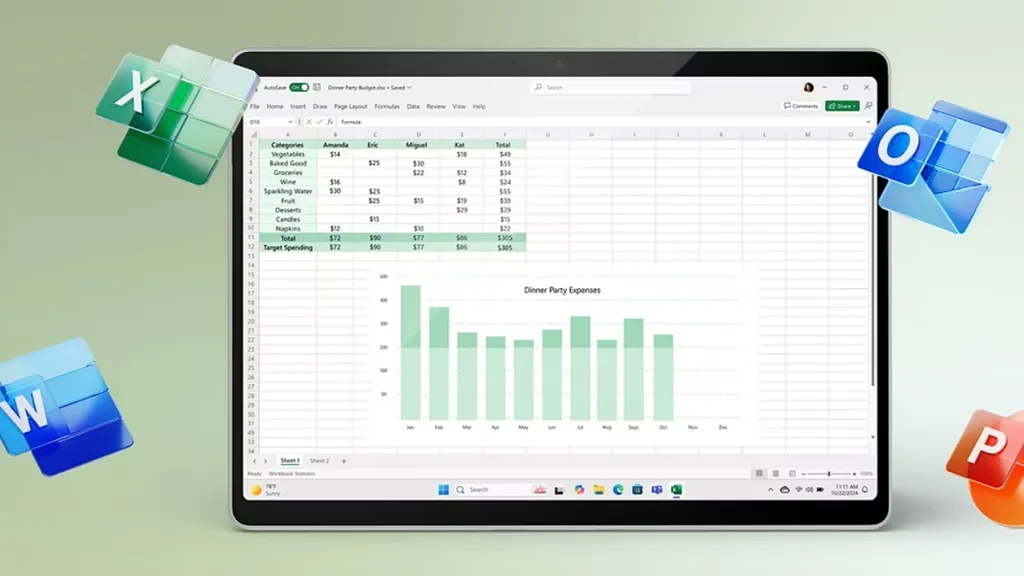 Microsoft Office 2024 táblázatkezelő és diagramszerkesztő felülete költségvetés-kezeléssel.