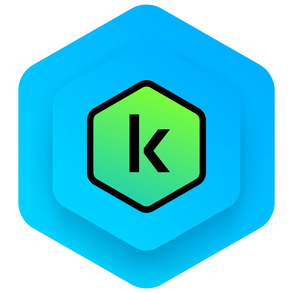 Klíč szoftver logó - zöld hexagon fehér K betűvel kék háttéren