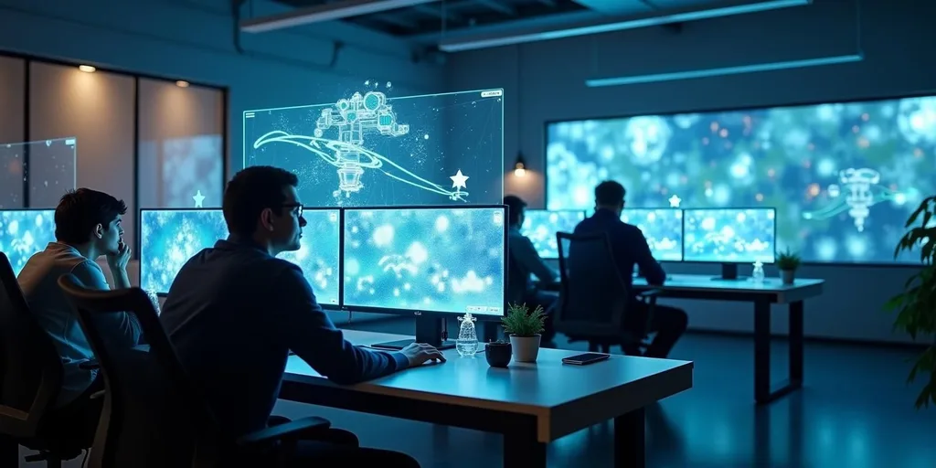 Futurisztikus fejlesztői csapat digitális kijelzők előtt AI-vezérelt játékfejlesztési eszközökkel