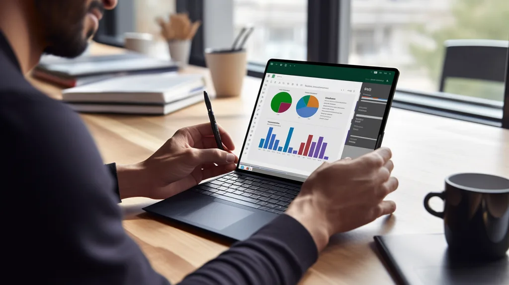 Üzletember elemzési grafikonokkal dolgozik laptopján az irodában