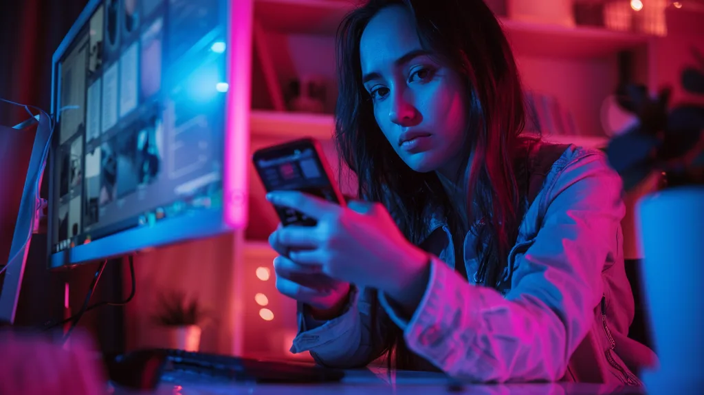 Női fejlesztő a modern szerver mellett biztonsági kulccsal dolgozik, neon világítás alatt.