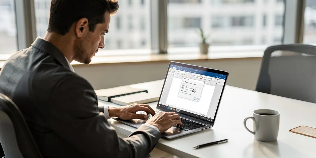 Férfi a laptopnál Word dokumentummal dolgozik hivatkozások beillesztésén az irodai asztalánál.