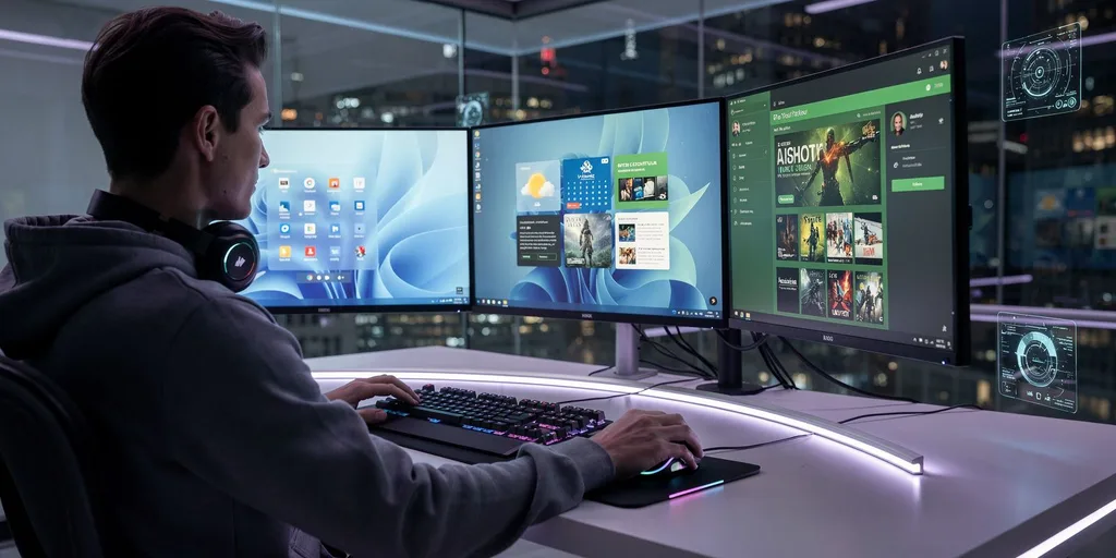 Gamer felülnézeti képe modern szoftverfejlesztő stúdióban több monitorral és világító asztalperemmel.